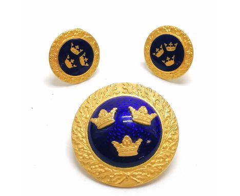 Good quality gilt metal Swedish blue enamel grounded brooch + screw back earrings by Sporrong &amp; Co., Stockholm 