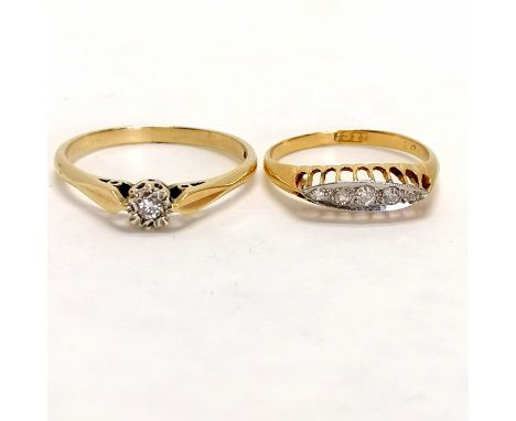 2 rings - 9ct hallmarked gold solitaire diamond ring (size R &amp; 1.9g total weight), antique 18ct marked gold 5 stone diamo