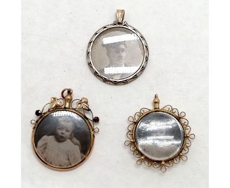 3 x antique 9ct marked gold (2 are hallmarked) photographic portrait pendants - laregst 3cm diameter &amp; set with 2 garnets