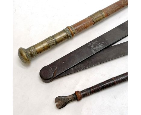 Antique steel dividers 48cm long, Brass mounted antique whip handle and a sectional leather handled wooden tool 