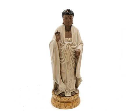 Good quality Chinese pottery figure of a standing buddha with seal mark to lotus flower base - 30cm high &amp; no obvious dam