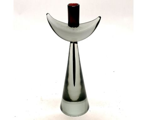 Mid 20thC art glass candlestick 29cm high bears signature to the base. In good used condition. 