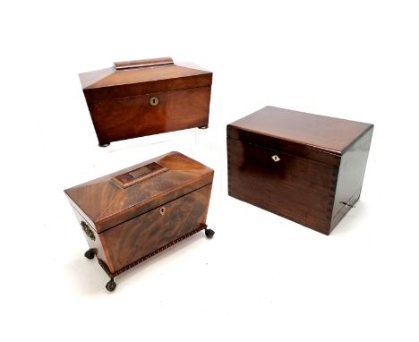 2 x antique sarcophagus tea caddies t/w mahogany storage box with original key (30cm x 20cm x 23cm high) ~ 1 caddy has mixing