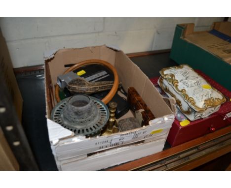 A box containing a cine camera, miniature brass candlesticks. a 19th Century leather pipe case etc. 