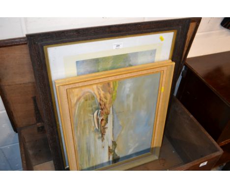 A large oak framed print entitled "Moonrise Over The Valley"; together with an oil on canvas study of a lake scene and moored