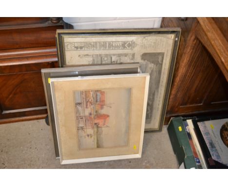 A framed and glazed watercolour landscape study depicting the Cornish Coast together with a 19th Century black and white prin
