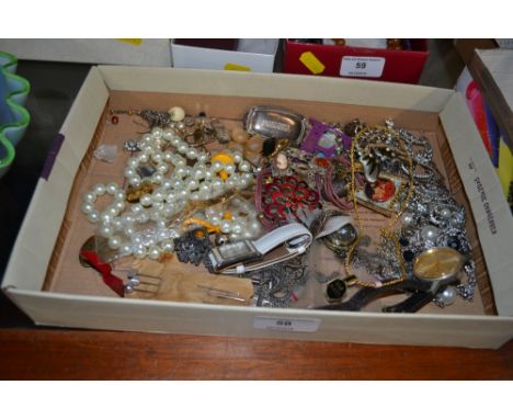 A tray of costume jewellery; a Whisky decanter label; wrist watches etc. 