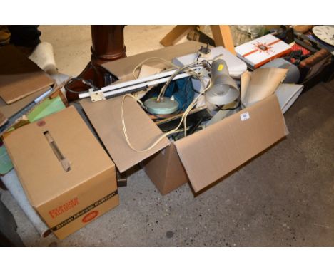 A box containing various lamps; a bread bin together with a projector etc. 