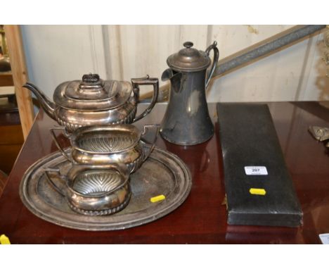 A silver plated three piece teaset, coffee pot, tray and a fish serving knife and fork 