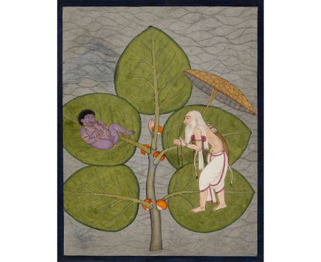  AN ILLUSTRATION FROM THE MAHABHARATA: THE SAGE MARKANDEYA'S VISION OF THE INFANT KRISHNA FLOATING ON A BANYAN LEAF INDIA, PU