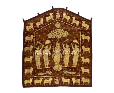  A PICCHAVAI PAINTED IN GOLD LEAF DEPICTING KRISHNA PLAYING THE FLUTE TO THE GOPIS INDIA, RAJASTHAN, 19TH CENTURY of pointed-