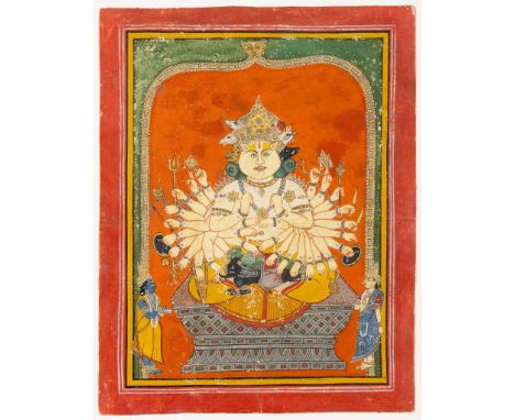  NARASIMHA SOUTH INDIA, ANDHRA PRADESH, CIRCA 1850 gouache and gold on paper, red border with white margin rules, inner yello