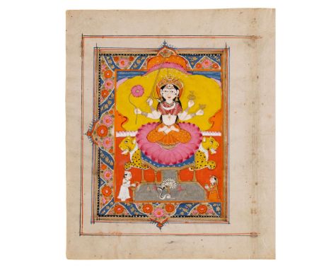  FOUR ILLUSTRATED LEAVES FROM A HINDU EPIC INDIA, KASHMIR, MID-19TH CENTURY gouache, gold and silver on paper, with cover lea