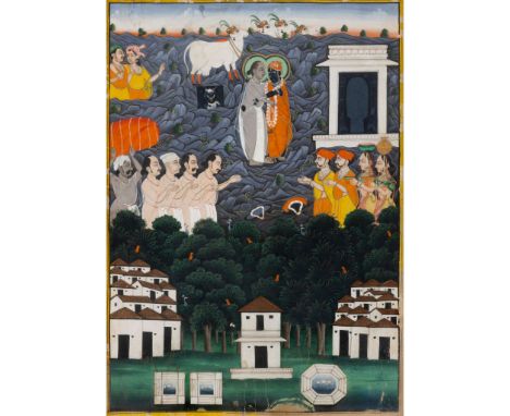  VALLABHACHARYA DISCOVERING SRI NATHJI AT THE GOVARDHAN HILL INDIA, RAJASTHAN, KOTAH, CIRCA 1830 gouache on paper heightened 