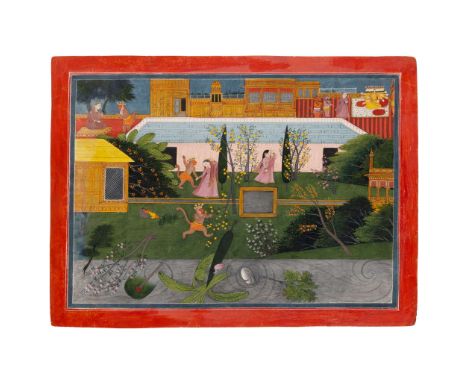  AN ILLUSTRATION FROM A RAMAYANA SERIES: HANUMAN TAKES LEAVE OF SITA AND DESTROYS THE ASHOKA GROVE INDIA, PUNJAB HILLS, CHAMB