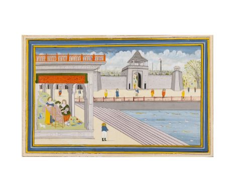  A VIEW OF A CITY LAKESIDE INDIA, RAJASTHAN, JAIPUR, 19TH CENTURY gouache on paper, yellow and blue border with white and bla