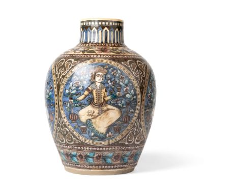  A QAJAR UNDERGLAZE PAINTED POTTERY JAR DEPICTING COURT PLEASURES PERSIA, SIGNED BY 'USTAD SAFER ALI', 19TH CENTURY of squat 
