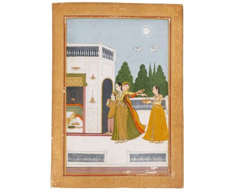  AN INEBRIATED PRINCESS BEING LED BY TWO FEMALE ATTENDANTS TO A BEDCHAMBER ON A PALACE TERRACE INDIA, PROVINCIAL MUGHAL, LATE