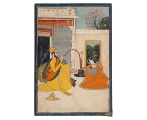  A MAHARAJA CLASPING THE HAND OF A SHY MAIDEN INDIA, PUNJAB HILLS, GARHWAL, CIRCA 1780-90 gouache on paper heightened with go