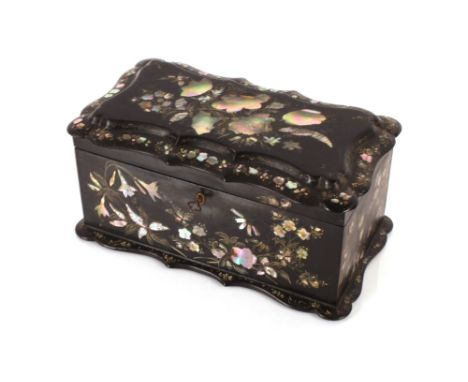 A Victorian papier m&acirc;ch&eacute; and mother of pearl inlaid tea caddy, with twin compartments and central glass mixing b