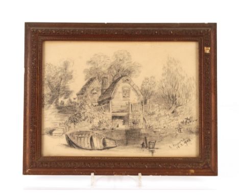 E. Moore, pencil sketch of a cottage by a river, pencil signed dated 18th March 1902, 21cm x 28cm