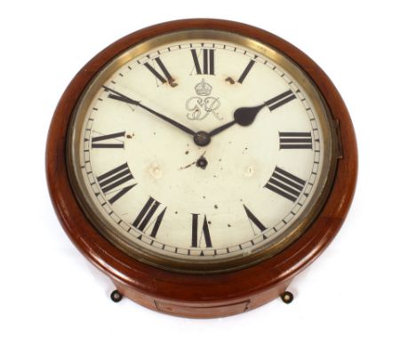A George VI mahogany cased wall clock, having single fuse&eacute; movement, stamped to the back S.M.&amp;C. 1936 GR VI, the c