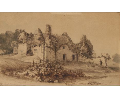 R.R. Scotsborough, sepia watercolour of a country cottage, signed in pencil, dated 1853, 14cm x 22cm; and J. Hunslow, small p