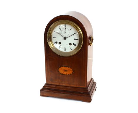 An early 20th Century mahogany and inlaid mantel clock by Potnie of Paris, circular enamel dial with seconds subsidiary' with