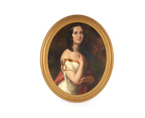 19th Century school, half length portrait study of a young girl, unsigned oil on board in oval gilt frame, 71cm x 57cm in ext
