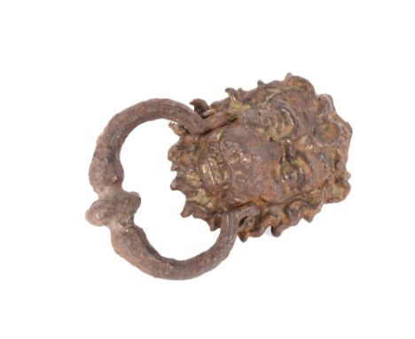 An 18th Century iron and steel door knocker, with&nbsp; lion mask, 23cm&nbsp;