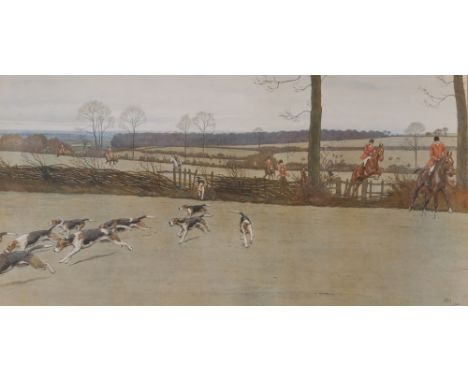 Cecil Aldin, humorous coloured hunting print of The Hunt Supper; pencil signed Cecil Aldin print "The Chase" and a Cecil Aldi