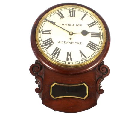White &amp; Son of Wickham Market, Victorian mahogany cased drop dial wall clock, having 14" white painted Roman numeral dial