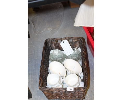 Wicker Basket containing 6 Royal Worcester Cocotte Dishes/Eight Avocado Pear Dishes/6 Pyrex Scallop Dishes