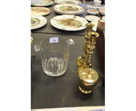 Facet Glass Ice Bucket, Candle Sticks & Brass Caddy