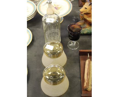 Schweppes Soda Siphon, 2 Amber Glass Lamp Shades & Amethyst Goblet
