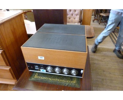 HMV Model 2025 Stereo Record Player teak case, Quasi-portable BSR Deck with serial no. 062137. Includes instruction manual. (