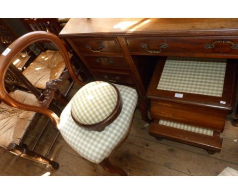 A mixed lot comprising a Victorian balloon back dining chair, a small circular footstool and a step commode, all upholstered 