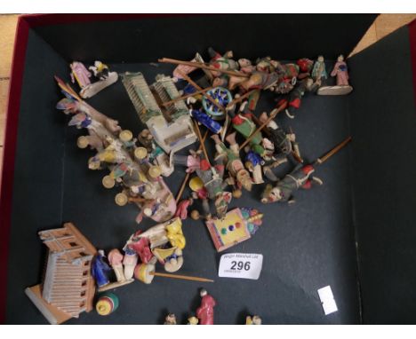A collection of small Chinese ceramic figures mounted on sticks, plus further figure group in boat and various others.