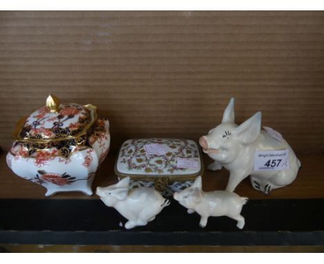 A mixed lot comprising a Beswick model pig and piglet, a small Royal Crown Derby covered jar and a further French porcelain t