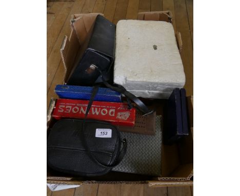 A box of mixed items to include Dominio's, Cribbage board, cased cutlery's, dressing table items, vintage video cameras, etc 