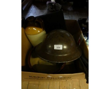 A mixed lot comprising vintage metal Beam scales, ceramic hotpot, Jones & Sons Manchester jar and a vintage army helmet.