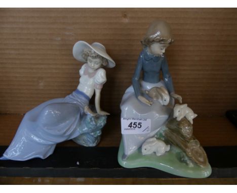 Two Nao figures a girl with rabbit and a girl with bird 