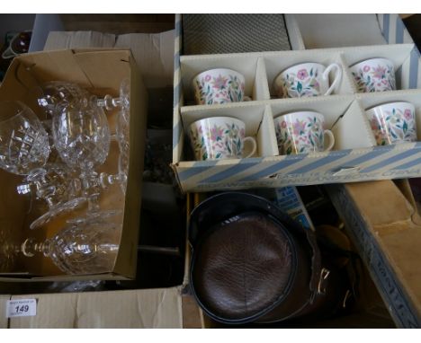 Two boxes of mixed wares to include assorted drinking glasses, lawn bowls, Ridgeway tea set, Silver Streak arrows and other a