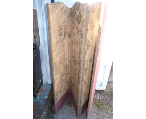 A trifold screen with rural tapestry decoration.   CONDITION REPORT:  Early 20th CenturyRaised thread, wear and faded, maybe 