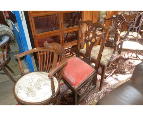 A 19th Century mahogany carver chair with shield shaped back and tapestry seat, together with a single elm dining chair with 