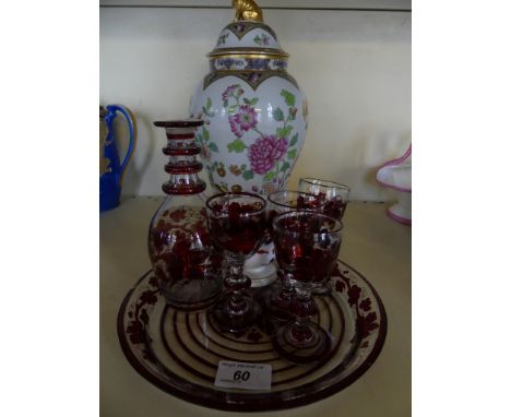 A 19th Century Continental clear and red glass set of decanter and four small spirit glasses with tray, together with a Copel