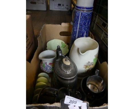 A mixed lot comprising a Westerwald jug, silver-plated teawares, Poole pottery jug and other mixed items 