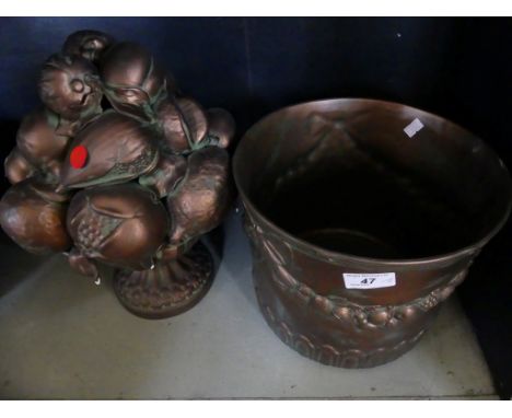 A modern bronzed finished ceramic jardiniere and further model bowl of fruit (2)