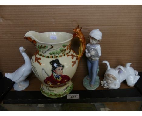 A mixed lot comprising a Fieldings Crown Devon John Peel jug with musical fitting, together with three Nao models (4)