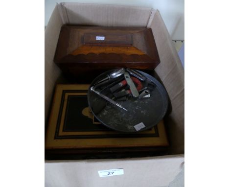 A mixed lot comprising a 19th Century sarcophagus formed tea caddy together with a small metal cash box and further items.